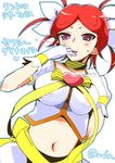  artist_name bow cardfight!!_vanguard cardfight!!_vanguard_g gloves heart idol lisa_ferris midriff navel oda_koziki purple_eyes red_hair simple_background solo tongue tongue_out twintails white_background 