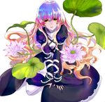  beads blonde_hair blue_hair brown_hair commentary dress flower gradient_hair hijiri_byakuren layered_dress lily-an lily_(flower) lily_pad looking_at_viewer multicolored_hair purple_hair solo touhou white_background yellow_eyes 