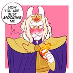  2015 anthro armor asriel_dreemurr blush boss_monster cape caprine catbeansclub clothing fire fluffyboobs fur goat grumpy hi_res horn king magic male mammal royalty simple_background solo undertale video_games white_fur 