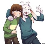  ambiguous_gender asriel_dreemurr bente36 boss_monster caprine chara_(undertale) clothed clothing duo eyes_closed fur goat hi_res horn human long_ears male mammal simple_background smile standing undertale video_games white_background white_fur 
