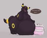  2016 3_fingers 3_toes anthro belly big_belly black_fur black_nose cake cherry chunkychips claws dialogue digital_drawing_(artwork) digital_media_(artwork) drooling eeveelution english_text food frosting fruit fur hi_res looking_at_viewer male mammal multicolored_fur multicolored_tail nintendo nude open_mouth overweight pok&eacute;mon pok&eacute;mon_(species) red_sclera saliva simple_background smile solo striped_tail stripes text toe_claws toes tongue two_tone_fur umbreon video_games yellow_fur 