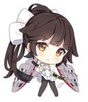  &gt;:( azur_lane bangs black_footwear black_legwear blush bow brown_eyes brown_hair chibi closed_mouth eyebrows_visible_through_hair full_body gloves hair_bow hair_flaps high_ponytail hitsukuya holding holding_sword holding_weapon jacket katana long_hair machinery military military_jacket military_uniform pantyhose pleated_skirt ponytail ribbon sheath sheathed simple_background skirt solo standing sword takao_(azur_lane) thighband_pantyhose uniform v-shaped_eyebrows very_long_hair weapon white_background white_bow white_gloves white_jacket white_ribbon white_skirt 