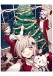  1girl 2016 2boys :d absurdres alternate_costume alternate_hair_ornament antlers bow brown_hair christmas christmas_ornaments christmas_tree collarbone commentary_request danganronpa_(series) danganronpa_2:_goodbye_despair dress ear_bow fake_facial_hair fake_mustache fur_trim hair_bow hat highres hinata_hajime horns jacket komaeda_nagito looking_at_viewer medium_hair merry_christmas monokuma multiple_boys nanami_chiaki open_clothes open_jacket open_mouth pink_hair reaching reaching_towards_viewer red_bow red_dress red_jacket red_vest reindeer_antlers ribbon santa_hat selfie shirt short_hair smile unagi_(nakaelric) usami_(danganronpa) vest white_hair white_shirt 