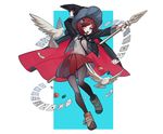  bird boots brown_eyes cape card danganronpa dove full_body hair_ornament hairclip hand_on_headwear hat hat_tug highres holding holding_staff new_danganronpa_v3 open_mouth pantyhose pleated_skirt red_hair short_hair skirt solo staff unagi_(515816703) witch_hat yumeno_himiko 