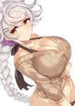  arm_at_side asymmetrical_hair black_panties braid breasts brown_sweater casual cleavage collarbone from_side groin hair_between_eyes halter_top halterneck jitome kantai_collection large_breasts long_hair looking_at_viewer off_shoulder panties panty_pull purple_scrunchie scrunchie silver_hair single_braid solo sweater underwear unryuu_(kantai_collection) upper_body very_long_hair yamaarashi yellow_eyes 