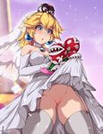  1girl alternate_costume animeflux artist_name blonde_hair blue_eyes blush collar crown dress_lift earrings elbow_gloves eyebrows_visible_through_hair garter_straps nintendo open_mouth piranha_plant princess_peach pussy solo super_mario_bros. super_mario_odyssey thighhighs uncensored web_address wedding_dress 