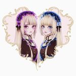  bangs blonde_hair blue_eyes blunt_bangs commentary dress frills gothic_lolita headdress highres hortense lips lolita_fashion long_hair looking_at_viewer magako multiple_girls purple_eyes roman siblings sisters sound_horizon twins violette 