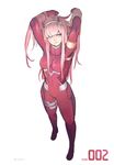 arms_up artist_name blue_eyes bodysuit breasts covered_navel darling_in_the_franxx full_body highres horns long_hair medium_breasts pilot_suit pink_hair red_bodysuit roodiwn simple_background smile solo white_background zero_two_(darling_in_the_franxx) 