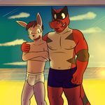  anthro anthrofied boxers_(clothing) briefs bulge clothed clothing duo eeveelution espeon fuze hi_res krookodile male nintendo pok&eacute;mon pok&eacute;mon_(species) pok&eacute;morph standing sunset tighty_whities topless underwear video_games white_underwear window 