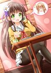  &gt;_&lt; :d anko_(gochiusa) bangs black_legwear blouse blunt_bangs book breasts brown_hair closed_eyes commentary_request crossed_legs day eyebrows_visible_through_hair flower gochuumon_wa_usagi_desu_ka? green_eyes hair_flower hair_ornament highres hoto_cocoa hoto_cocoa's_school_uniform indoors large_breasts long_hair long_sleeves multiple_girls open_mouth pantyhose pencil_case sailor_collar school_uniform serafuku skirt smile speech_bubble table ujimatsu_chiya white_flower white_sailor_collar white_skirt xd yellow_blouse zenon_(for_achieve) 