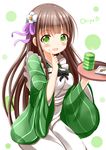  ama_usa_an_uniform bangs blunt_bangs breasts brown_hair character_name commentary_request cup dango food gochuumon_wa_usagi_desu_ka? green_background green_eyes green_kimono green_tea highres holding holding_tray japanese_clothes kimono long_hair long_sleeves looking_at_viewer medium_breasts polka_dot_trim solo striped striped_kimono tea tray ujimatsu_chiya wagashi wide_sleeves yunomi zenon_(for_achieve) 