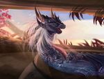  2017 day detailed_background digital_media_(artwork) dragon eyelashes feral green_eyes hair membranous_wings outside partially_submerged sky solo telleryspyro water white_hair wings 
