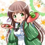  ama_usa_an_uniform apron bangs blunt_bangs breasts brown_hair chibi commentary_request cup dango food gochuumon_wa_usagi_desu_ka? green_eyes green_kimono green_tea holding holding_tray japanese_clothes kimono long_hair long_sleeves polka_dot_trim small_breasts solo striped striped_kimono tea tray ujimatsu_chiya wagashi white_apron wide_sleeves yunomi zenon_(for_achieve) 