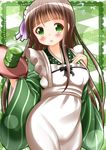  :o ama_usa_an_uniform bangs blunt_bangs breasts brown_hair commentary_request cowboy_shot cup flying_sweatdrops gochuumon_wa_usagi_desu_ka? green_background green_eyes green_kimono green_tea highres holding holding_tray japanese_clothes kimono long_hair long_sleeves medium_breasts polka_dot_trim solo striped striped_kimono tea tray ujimatsu_chiya wide_sleeves yunomi zenon_(for_achieve) 