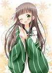 ;d ama_usa_an_uniform apron bangs blunt_bangs blush breasts brown_hair closed_eyes commentary_request facing_viewer floral_background gochuumon_wa_usagi_desu_ka? green_eyes green_kimono hands_together highres interlocked_fingers japanese_clothes kimono long_hair long_sleeves one_eye_closed open_mouth polka_dot_trim small_breasts smile solo striped striped_kimono ujimatsu_chiya white_apron wide_sleeves zenon_(for_achieve) 