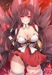 akagi_(azur_lane) animal_ear_fluff animal_ears ass_visible_through_thighs azur_lane bare_shoulders black_gloves black_panties blood blush breasts brown_hair cameltoe cleavage fox_ears fox_tail gloves highres kanachirou large_breasts long_hair looking_at_viewer multiple_tails panties pleated_skirt red_eyes skirt smile solo tail underwear 