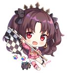  :d bangs bare_shoulders black_bow blush bow brown_hair checkered checkered_flag chibi earrings fate/grand_order fate_(series) flag full_body fur-trimmed_jacket fur_trim hair_bow hitsukuya holding holding_flag hoop_earrings ishtar_(fate/grand_order) ishtar_(swimsuit_rider)_(fate) jacket jewelry leg_warmers long_hair long_sleeves looking_at_viewer open_mouth parted_bangs pink_jacket red_eyes saint_quartz simple_background smile solo two_side_up white_background 