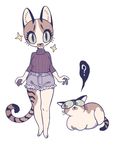  2017 ? anthro black_markings breasts brown_fur cat clothed clothing cutoffs denim_shorts domestic_cat duo feline female feral front_view fully_clothed fur green_eyes juanmao1997 looking_at_viewer lying mammal markings shorts simple_background standing stripes sweater white_background white_markings 