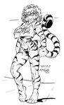  1993 2010 amoria_wilde anthro big_breasts black_and_white breasts clothed clothing crystal feline female jewelry kencougr looking_at_viewer mammal monochrome muscular muscular_female necklace pendant shirt simple_background skimpy solo standing stripes thong tiger under_boob 
