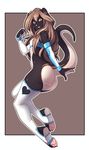  absurd_res anthro armwear backsack balls black_fur butt chastity_cage clothing elbow_gloves fur girly gloves hi_res ikana key legwear looking_at_viewer male mammal mustelid nipples orange_eyes otter pose simple_background smile solo suelix thigh_highs white_fur 
