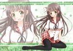  bangs black_legwear blouse blunt_bangs breasts brown_hair commentary_request eyebrows_visible_through_hair flower gochuumon_wa_usagi_desu_ka? green_eyes hair_flower hair_ornament hoto_cocoa's_school_uniform large_breasts long_hair pantyhose plaid plaid_sailor_collar plaid_skirt pleated_skirt red_sailor_collar red_skirt sailor_collar school_uniform serafuku short_sleeves skirt solo ujimatsu_chiya white_blouse white_flower zenon_(for_achieve) zoom_layer 