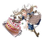  alfonse_(fire_emblem) anniversary apron bird blonde_hair boots cake feh_(fire_emblem_heroes) fire_emblem fire_emblem_heroes flying_sweatdrops food fruit green_eyes headwear heart icing kozaki_yuusuke long_hair open_mouth orb owl sharena signature simple_background strawberry sweatdrop tray tripping 