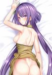  amisu arm_up ass back bangs bed_sheet blush breasts commentary_request dress from_behind long_hair looking_at_viewer lying nipples no_bra no_panties on_stomach purple_eyes purple_hair shiny shiny_hair small_breasts solo touhou tsukumo_benben yellow_dress 