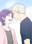  2boys black_hair eyes_closed hairclip mizuno_yuu multiple_boys open_mouth ponytail sanrio_danshi sky smile white_hair yaoi yellow_eyes yoshino_shunsuke 