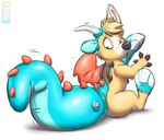  2016 4_fingers animate_inanimate anthro black_nose blonde_hair canine corgi corgwn digital_drawing_(artwork) digital_media_(artwork) dog dragon fur hair horn inflatable living_inflatable male mammal multicolored_fur nozzle nude open_mouth pool_toy remywolf rubber scalie shiny simple_background solo spikes surprise transformation two_tone_fur white_background white_fur wings yellow_fur 