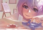  bad_id bad_pixiv_id bangs bare_arms boned_meat brown_eyes button_eyes commentary_request eye_reflection food hair_between_eyes indoors looking_down meat original painting_(object) parted_lips playing purple_hair reflection sharp_teeth short_hair smile solo teeth toy zakusi 