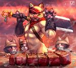  anthro blush capcom cat cheetahpaws claws feline felyne food looking_at_viewer male mammal meowscular_chef monster_hunter muscular muscular_male nude one_eye_closed pawpads salt sweat video_games weapon wink 