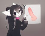 absurd_res anthro balls black_hair cat clothed clothing disembodied_penis drawing feline fur girly hair hi_res humanoid_penis long_hair looking_at_viewer male mammal mercy_(suelix) pen penis smile solo suelix turtleneck white_fur 