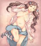  breasts breasts_apart cleavage clothes_around_waist colorized gym_leader large_breasts long_hair mryoso901 navel no_panties one_eye_closed open_clothes open_shirt pokemon pokemon_(game) pokemon_dppt shirt_around_waist solo striped striped_legwear suzuna_(pokemon) tears 