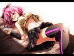  blue_eyes blush breasts cheerleader commentary_request detached_sleeves feet_out_of_frame hair_ribbon highres large_breasts megurine_luka navel pink_hair project_diva_(series) ribbon sing&amp;smile_(vocaloid) skirt solo thighhighs tsukishiro_saika vocaloid 