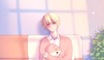  1boy blonde_hair cardigan nishimiya_ryou open_mouth plant purple_eyes sanrio_danshi shirt white_shirt 