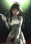  alternate_costume bandaged_arm bandaged_leg bandages bangs blunt_bangs brown_hair danganronpa danganronpa_3 garter_straps highres long_hair mole mole_under_eye nurse qosic red_eyes signature skirt solo super_danganronpa_2 tsumiki_mikan 