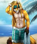  2018 abluedeer anthro black_nose blue_eyes canine clothed clothing detailed_background digital_media_(artwork) fox looking_at_viewer male mammal navel shore solo topless water 