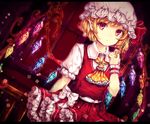  ascot blonde_hair bow chiyu_(kumataro0x0) collared_shirt crystal dutch_angle expressionless eyebrows_visible_through_hair flandre_scarlet frilled_skirt frills hand_up hat hat_ribbon mob_cap pointy_ears puffy_short_sleeves puffy_sleeves red_eyes red_ribbon red_skirt ribbon shirt short_sleeves skirt skirt_set solo touhou vest white_bow white_hat white_shirt wing_collar wings wrist_cuffs yellow_neckwear 