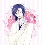  1boy beauty_mark beauty_spot black_hair blue_eyes cardigan hairclip mizuno_yuu necktie ponytail sanrio_danshi smile wink 