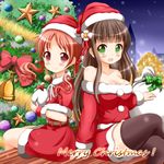  bangs bell blunt_bangs breasts brown_hair christmas christmas_tree cleavage commentary_request flat_chest fur_trim gochuumon_wa_usagi_desu_ka? green_eyes hair_ornament hair_scrunchie hat highres long_hair long_sleeves looking_at_viewer medium_breasts multiple_girls natsu_megumi red_eyes red_hair red_scrunchie red_skirt sack santa_costume santa_hat scrunchie skirt strapless ujimatsu_chiya wavy_hair zenon_(for_achieve) 