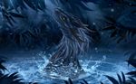 2017 blue_hair blue_scales blue_theme detailed_background digital_media_(artwork) dragon feral hair horn night outside partially_submerged scales solo telleryspyro water yellow_eyes 