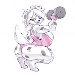  anthro big_breasts bigdad black_nose black_spots breasts canine clothing crouching dal_(joelasko) dalmatian digital_media_(artwork) dog dumbbell female floppy_ears fur green_eyes hair leotard mammal smile solo spots spotted_fur weights white_hair wristband 