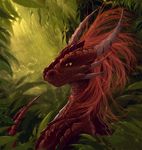  2017 amber_eyes day detailed_background digital_media_(artwork) dragon feral hair horn outside raining red_hair red_scales ridged_horn scales smile solo telleryspyro 