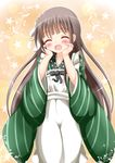  :d ^_^ ama_usa_an_uniform apron bangs blunt_bangs blush brown_hair closed_eyes commentary_request facing_viewer flat_chest gochuumon_wa_usagi_desu_ka? green_eyes green_kimono hands_on_own_cheeks hands_on_own_face hands_together highres interlocked_fingers japanese_clothes kimono long_hair long_sleeves open_mouth polka_dot_trim smile solo striped striped_kimono ujimatsu_chiya white_apron wide_sleeves zenon_(for_achieve) 