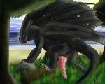  2018 abs animal_genitalia blue_eyes butt claws digital_media_(artwork) digitalartwork dragon erection exidusdragonhive fangless feral fin hi_res how_to_train_your_dragon knot looking_at_viewer male muscular muscular_male night_fury open_mouth penis scales smile solo tail_fin teeth tongue wings 