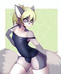  absurd_res anthro balls blue_fur bulge clothed clothing crop_top crossdressing fur girly green_hair grey_fur hair hi_res legwear looking_at_viewer male mammal procyonid raccoon red_eyes ricky_(lad13) shirt simple_background smile solo suelix thick_thighs thigh_highs translucent transparent_clothing white_fur 