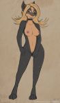  anthro bodysuit breasts canid canine clothing collar evilymasterful exposed_breasts female looking_at_viewer mammal nipples pussy skinsuit smile solo standing tight_clothing 