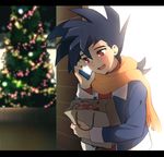  bag black_hair blush cardfight!!_vanguard cardfight!!_vanguard_g cellphone christmas_tree huryuuzaki katsuragi_kamui long_hair low_ponytail male_focus open_mouth paper_bag phone red_eyes scarf solo talking_on_phone 