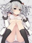  beret blush bow bow_bra bra bra_lift commentary_request condom_wrapper gloves grey_eyes grey_hair hat kantai_collection kashima_(kantai_collection) knees_together_feet_apart on_bed oniku_(oishii_oniku) open_clothes open_shirt panties shirt solo sweat twintails underwear white_panties 