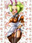  animal_ears bel_(pokemon) blonde_hair blush boris_(noborhys) breasts bunny_ears bunny_girl bunnysuit commentary_request dress green_eyes large_breasts maid open_mouth panties pink_panties pokemon pokemon_(game) pokemon_bw short_hair skirt skirt_lift solo sweatdrop thighhighs underwear waitress 